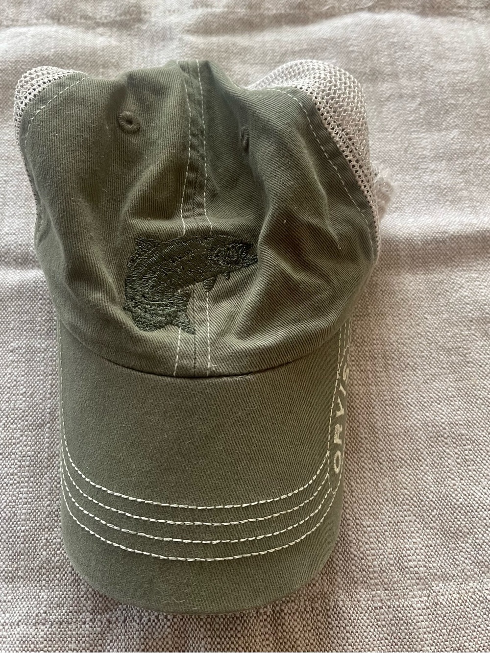 Orvis VGUC Olive Green Fish Embroidered Mesh-Back Trucker Hat